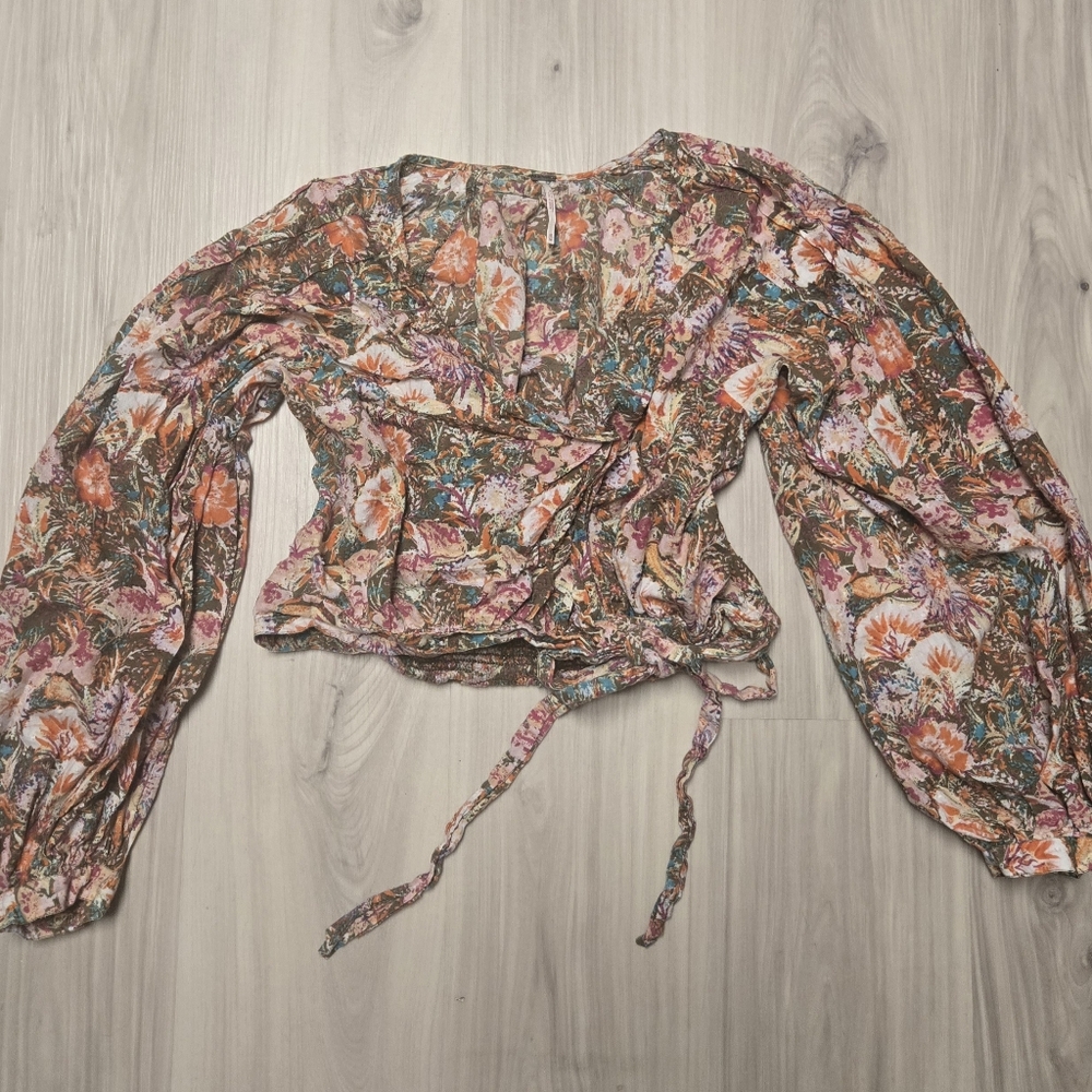Free People Party Playlist Floral Wrap Crop Top - Balloon Sleeve - Size M